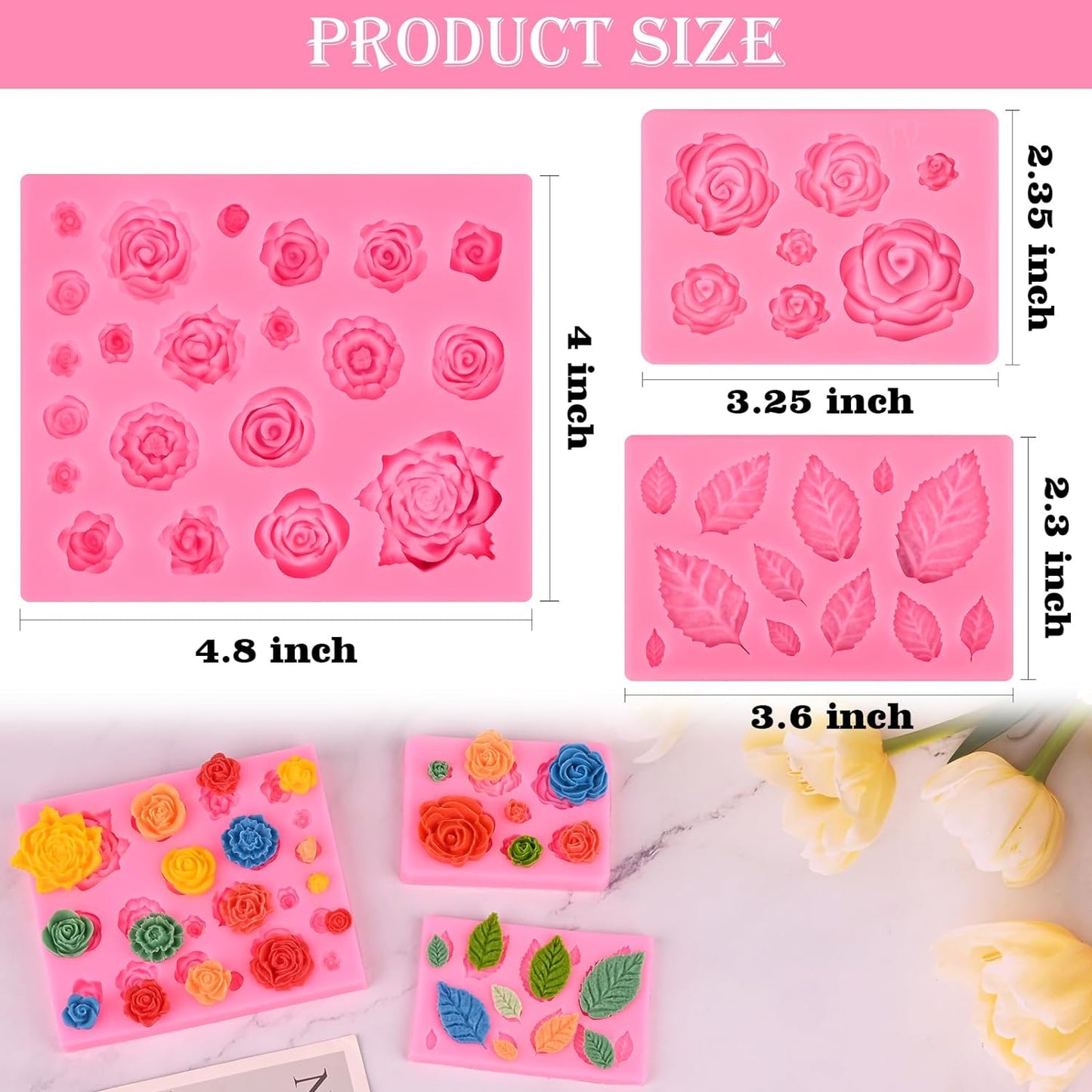 Rose Flower Silicone Mold, Leaves Candy Mold, 3 Pcs Mini Rose and Leaf Silicone Molds for Chocolate Fondant Sugarcraft Clay Candy Gummy Cupcake Toppers Cake Decorating