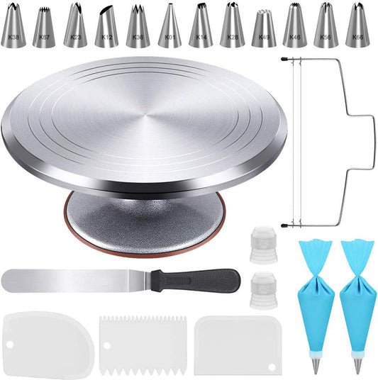 22Pcs Cake Decorating Supplies Kit, Baking Tools with 12" Aluminium Cake Turntable Rotating Cake Stand, Piping Bags and Tips Set, Icing Spatula, Cake Leveler, 3 Icing Scrapers for Mother'S Day