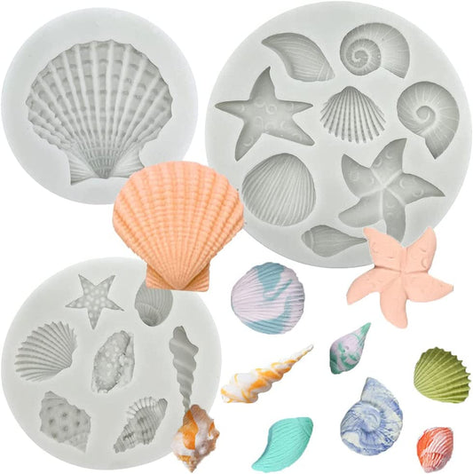 3 PCS Marine Theme Cake Fondant Silicone Mold Seashell Conch Starfish Coral Baking Molds for DIY Cake Decoration Chocolate Candy Polymer Clay Crafting Projects