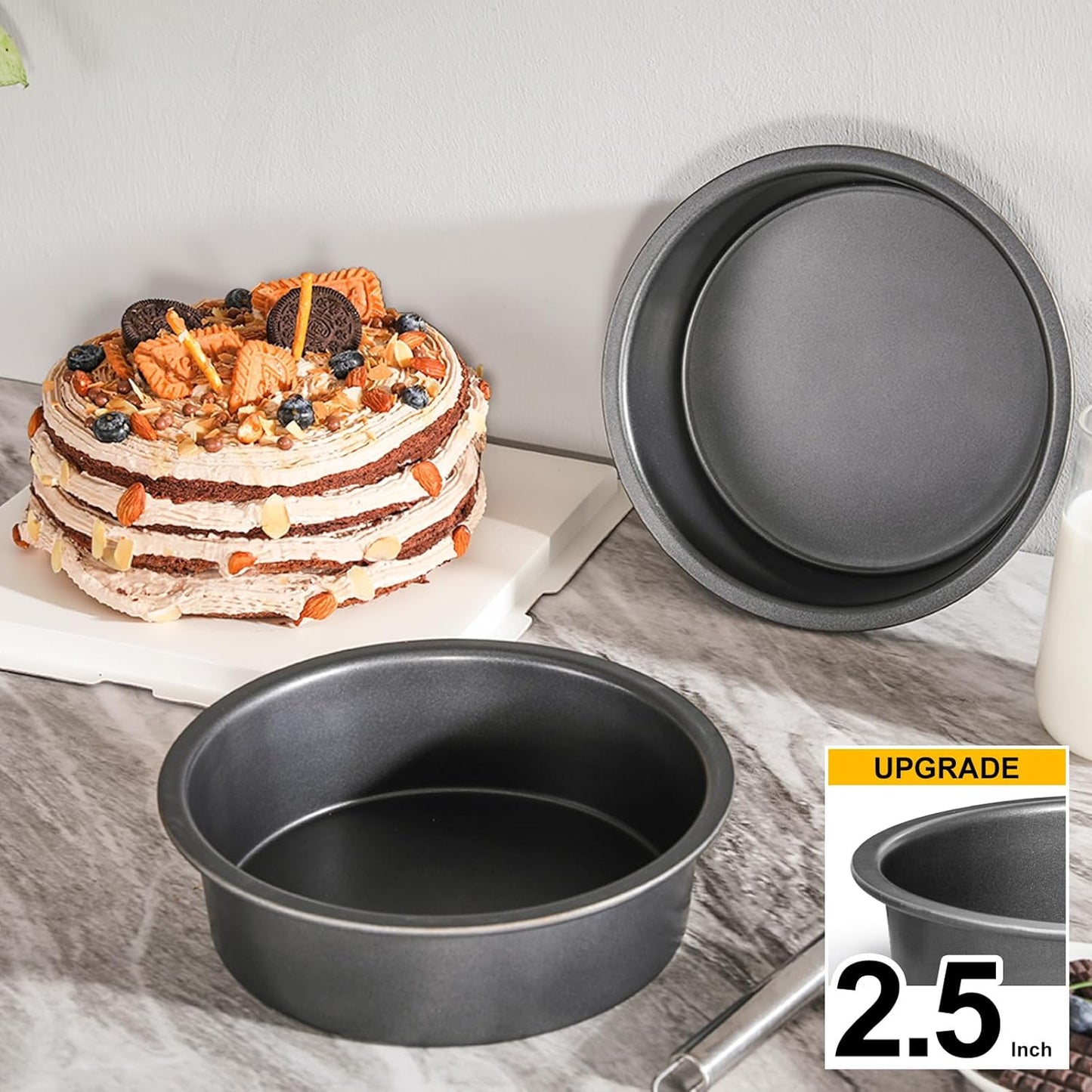 round Cake Pan Set for Baking, 8 Inch, Nonstick Deeper Circle Cake Pans with Wider Grips, 2 Pieces Layer Cake Tin, Cheesecake Mold, Huty Duty, Dishwasher Safe - Grey