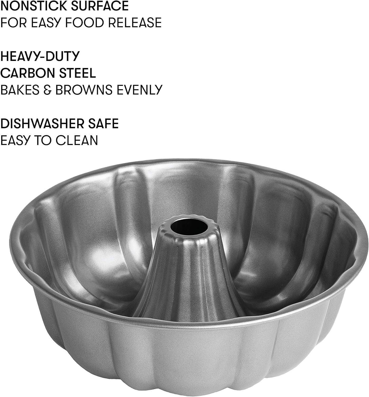 Heavy Duty Nonstick Bakeware Carbon Steel Fluted Tube Bundt Pan with Quick Release Coating, Manufactured without PFOA, Dishwasher Safe, Oven Safe, 9-Inch, Gray