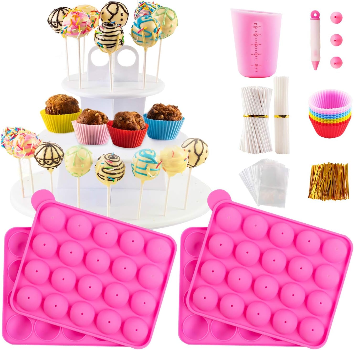 Cake Pop Maker Kit with 2 Silicone Mold Sets with 3 Tier Cake Stand, Chocolate Candy Melts Pot, Silicone Cupcake Molds, Paper Lollipop Sticks, Decorating Pen with 4 Piping Tips, Bag and Twist Ties