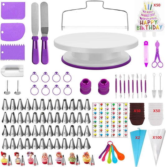 345 Pcs Cake Decorating Kit with Cake Turntable & Leveler,55 Numbered Icing Piping Tips,2 Spatulas,3 Comb Scrapers,2 Tip Couplers,102 Pastry Bags,100 Paper Cupcake Liners