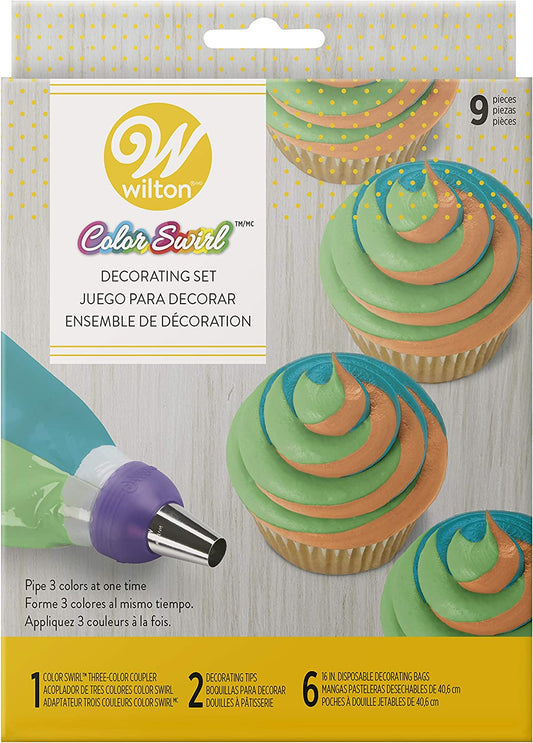 Color Swirl, 3-Color Piping Bag Coupler, 9-Piece Cake Decorating Kit