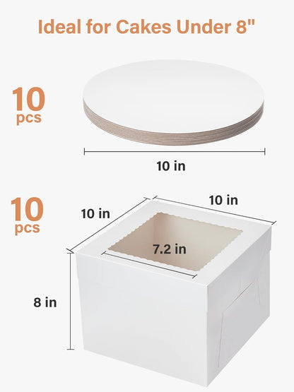 Cake Boxes and Boards Set (10 Boxes & 10 Boards) - 10X10X8 Inches White Bakery Boxes with Window for Multi-Layer Cakes and Cake Decorating