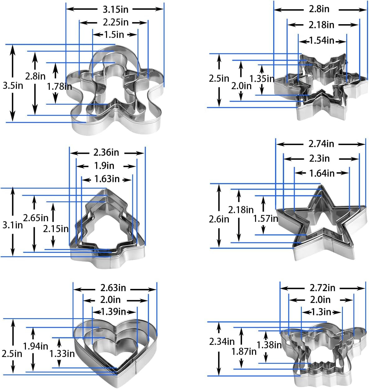 Christmas Cookie Cutter Set - Gingerbread Man, Snowflake, Christmas Tree, Heart, Star, Angel - 18 Piece Christmas Cookie Cutters, Cookie Cutters Christmas Shapes for Holiday Winter Baking