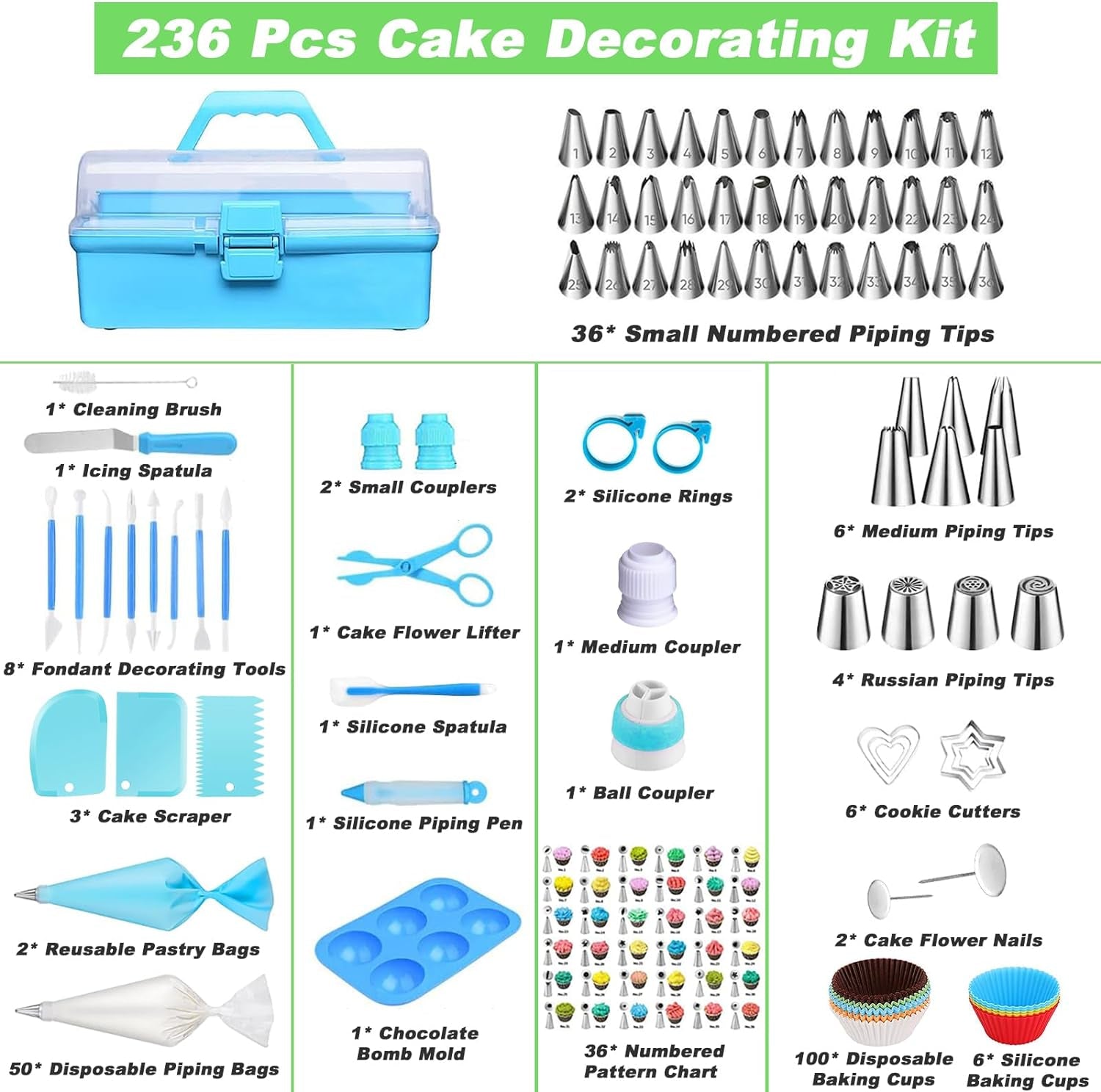 Cake Decorating Tools Supplies Kit, 236 Pcs Baking Accessories with Storage Case, Frosting Piping Kit, Piping Bags and Tips Set with 36 Numbered Piping Tips, Pastry Bags for Cake Cookie Cupcake