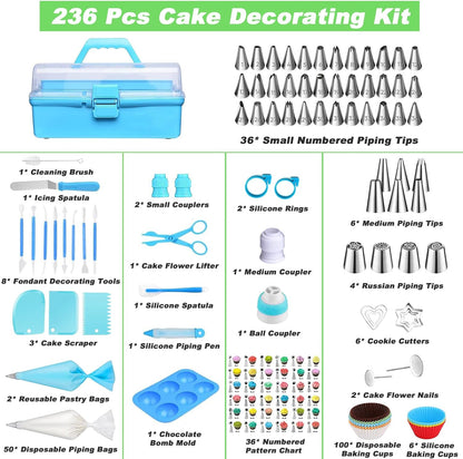 Cake Decorating Tools Supplies Kit, 236 Pcs Baking Accessories with Storage Case, Frosting Piping Kit, Piping Bags and Tips Set with 36 Numbered Piping Tips, Pastry Bags for Cake Cookie Cupcake