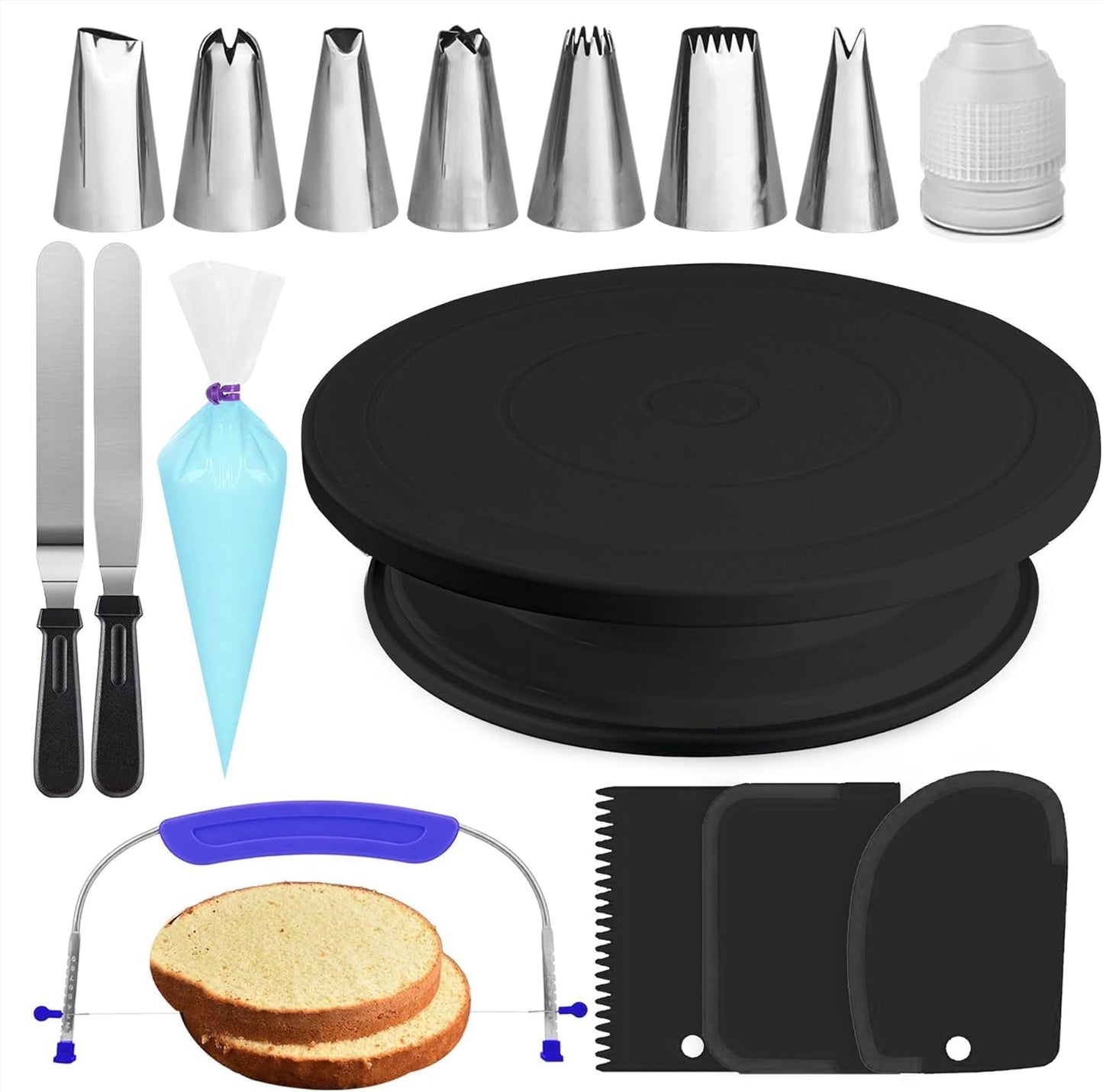 35Pcs Cake Turntable and Leveler-Rotating Cake Stand with Non Slip Pad-7 Icing Tips and 20 Bags- Straight & Offset Spatula-3 Scraper Set -Ebook-Cake Decorating Supplies Kit -Baking Tools