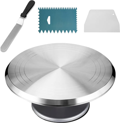 Cake Stand Revolving Cake Turntable -  Heavy Duty Aluminium 12 Inch Cake Decorating Supplies with 1 Icing Spatula and 2 Comb Icing Smoother, Cake Decorating Kit, Rotating Display Stand