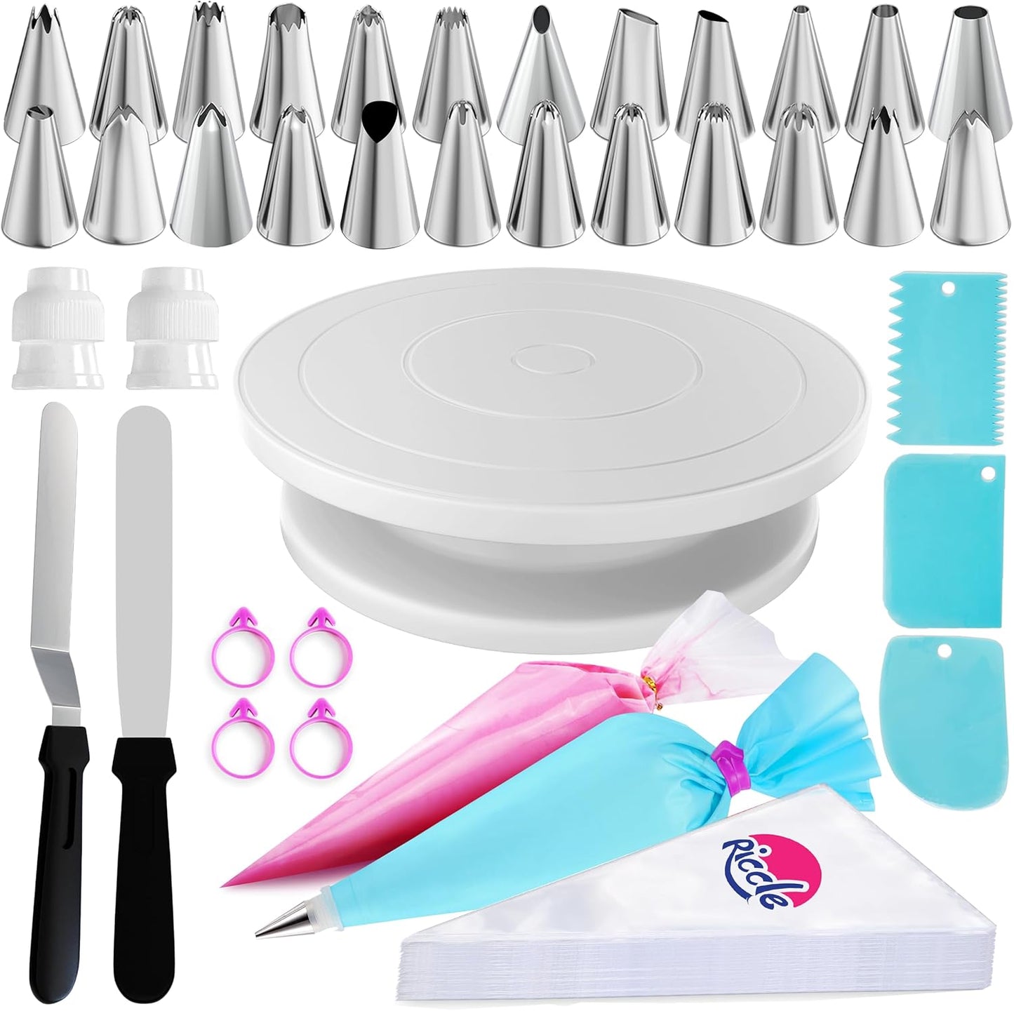 88 Pcs Cake Decorating Kit with Cake Turntable - Includes 50 Disposable + 2 Reusable Piping Bags and Tips Set, 24 Icing Piping Tips, 2 Spatulas, 3 Icing Comb Scraper, Baking Supplies