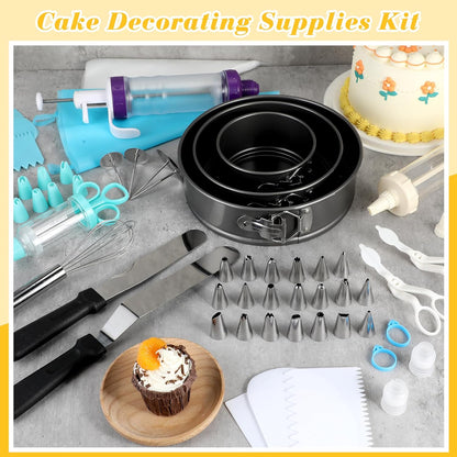 326 Pcs Cake Decorating Tools Kit with 3 Non Stick Cheesecake Pan, 3 Cake Decorating Gun with 24 Heads, 6 Scrapers, 2 Knife, Cake Flower Lifters Set, 100 Piping Bags 150 Paper Liners