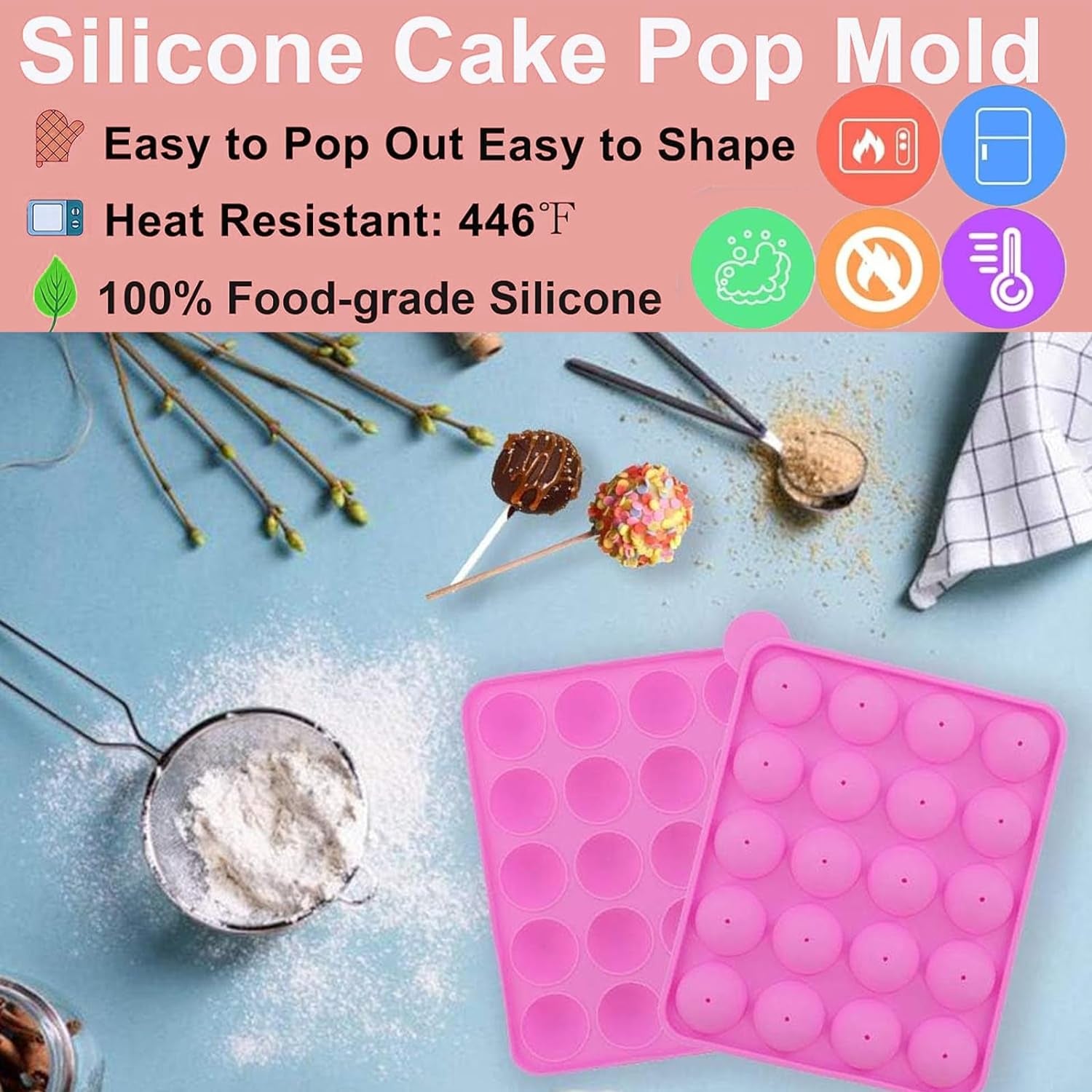 606Pcs Cake Pop Kit,Silicone Lollipop Molds Including Lollipop Sticks,Measuring Cup,Treat Bags,Twist Ties,Decorating Pen,Meat Baller with Handles,Round Mold,Lollipop, Candy,Display Stand Holder(Pink)