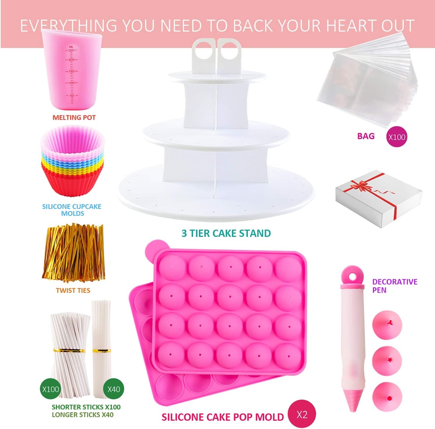 Cake Pop Maker Kit with 2 Silicone Mold Sets with 3 Tier Cake Stand, Chocolate Candy Melts Pot, Silicone Cupcake Molds, Paper Lollipop Sticks, Decorating Pen with 4 Piping Tips, Bag and Twist Ties