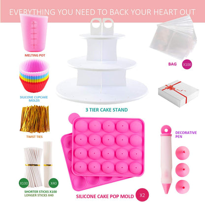 Cake Pop Maker Kit with 2 Silicone Mold Sets with 3 Tier Cake Stand, Chocolate Candy Melts Pot, Silicone Cupcake Molds, Paper Lollipop Sticks, Decorating Pen with 4 Piping Tips, Bag and Twist Ties