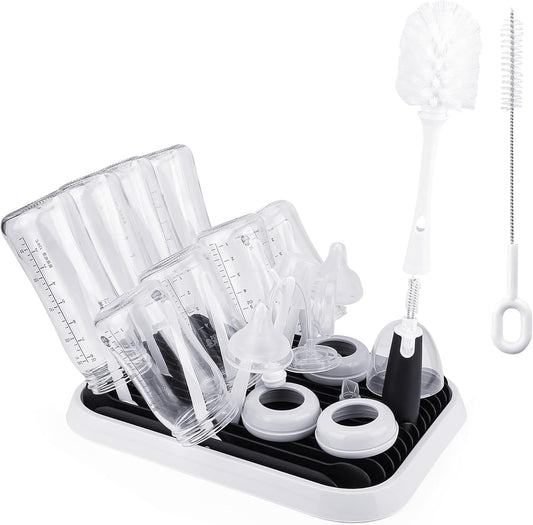 Baby Bottle Drying Rack with Brush, Large Capacity Bottle Drying Rack Tray Bottle Cleaning Brush Set with Baby Bottle Brush Nipple Brush, Straw and Bottle Cleaner Brush Set for Bottles, Teats, Pump