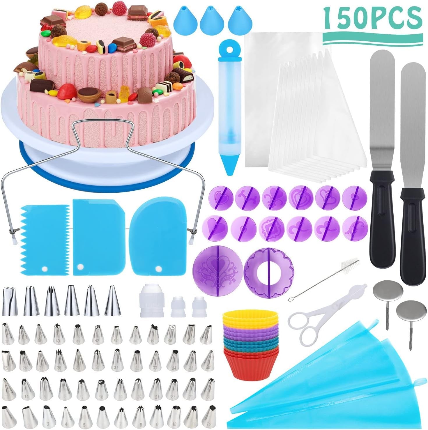 150Pcs Cake Decorating Kit Baking Supplies Tools with Cake Turntable,Cake Pans Set for Beginners and Cake Lovers