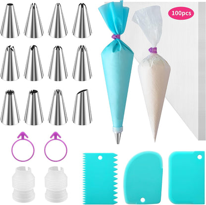 Piping Bags and Tips Set -Ultimate Cake Decorating Supplies Kit - Included 100 Disposable Pastry Bags, 1 Reusable Silicone Bag, 2 Couplers, 12 Frosting Tips, 2 Ties, 3 Icing Scrapers for Baking