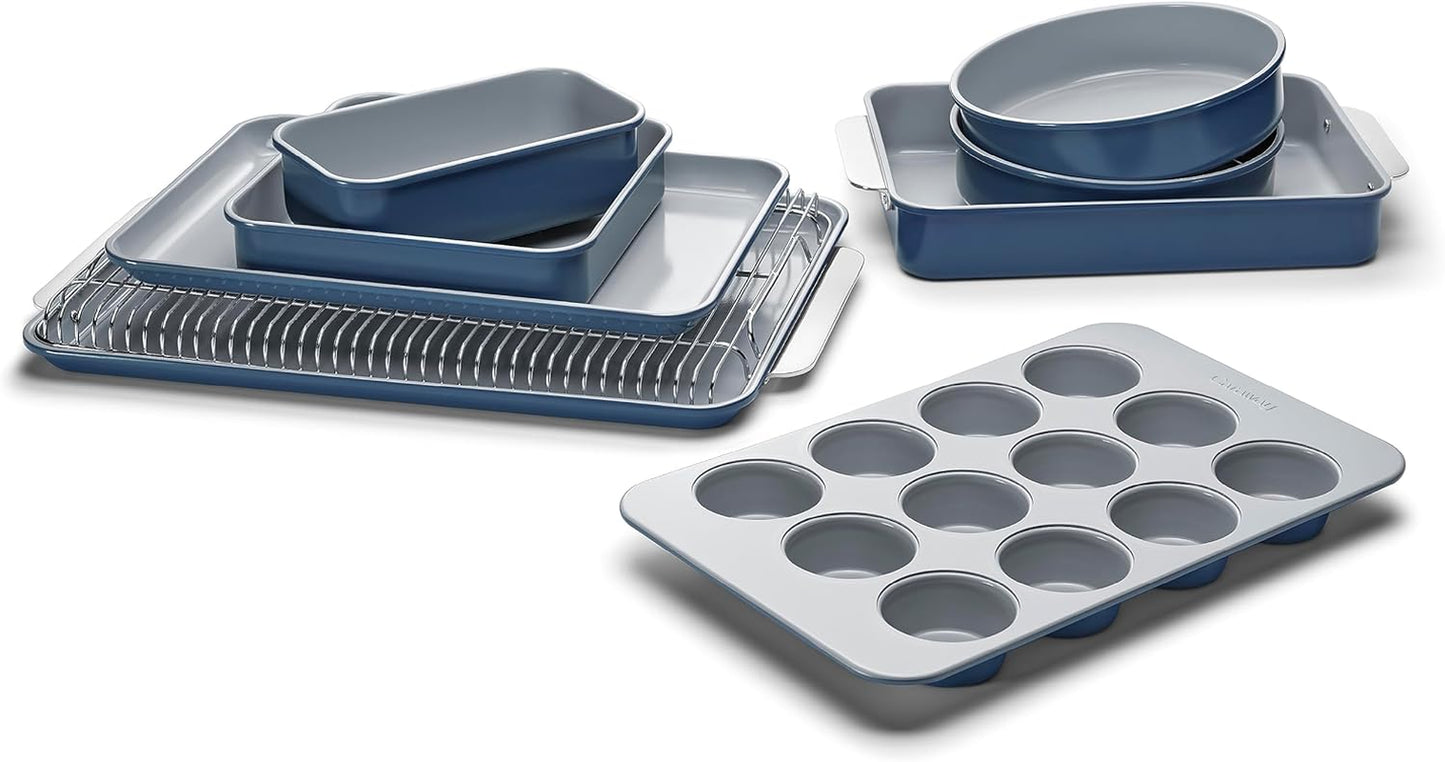 Nonstick Ceramic Bakeware Set (11 Pieces) - Baking Sheets, Assorted Baking Pans, Cooling Rack, & Storage - Aluminized Steel Body - Non Toxic, PTFE & PFOA Free - Navy