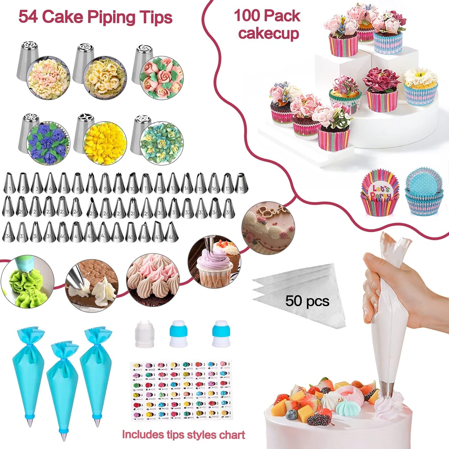 Cake Decorating Supplies with Aluminum Alloy Revolving Cake Stand, Cake Carrier, Acrylic round Cake Discs, 268PCS Cake Decorating Kit with 54 Piping Tips, Various Cake Spatula, Reuseable Cake Board