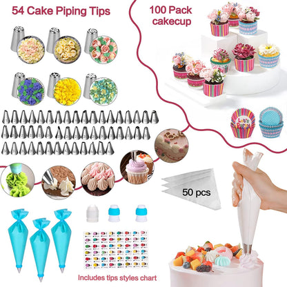 Cake Decorating Supplies with Aluminum Alloy Revolving Cake Stand, Cake Carrier, Acrylic round Cake Discs, 268PCS Cake Decorating Kit with 54 Piping Tips, Various Cake Spatula, Reuseable Cake Board