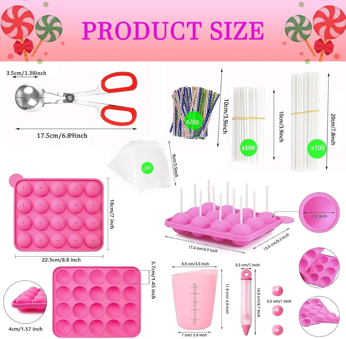 606Pcs Cake Pop Kit,Silicone Lollipop Molds Including Lollipop Sticks,Measuring Cup,Treat Bags,Twist Ties,Decorating Pen,Meat Baller with Handles,Round Mold,Lollipop, Candy,Display Stand Holder(Pink)