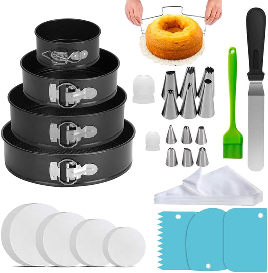 Round Cake Pan Sets for Baking Cake Decorating Supplies: 4 Non-Stick Springform Pans Set (4, 7,9,10 Inches), Icing Tips, Cake Leveler – Multi-Functional Leak-Proof Cheesecake Pan