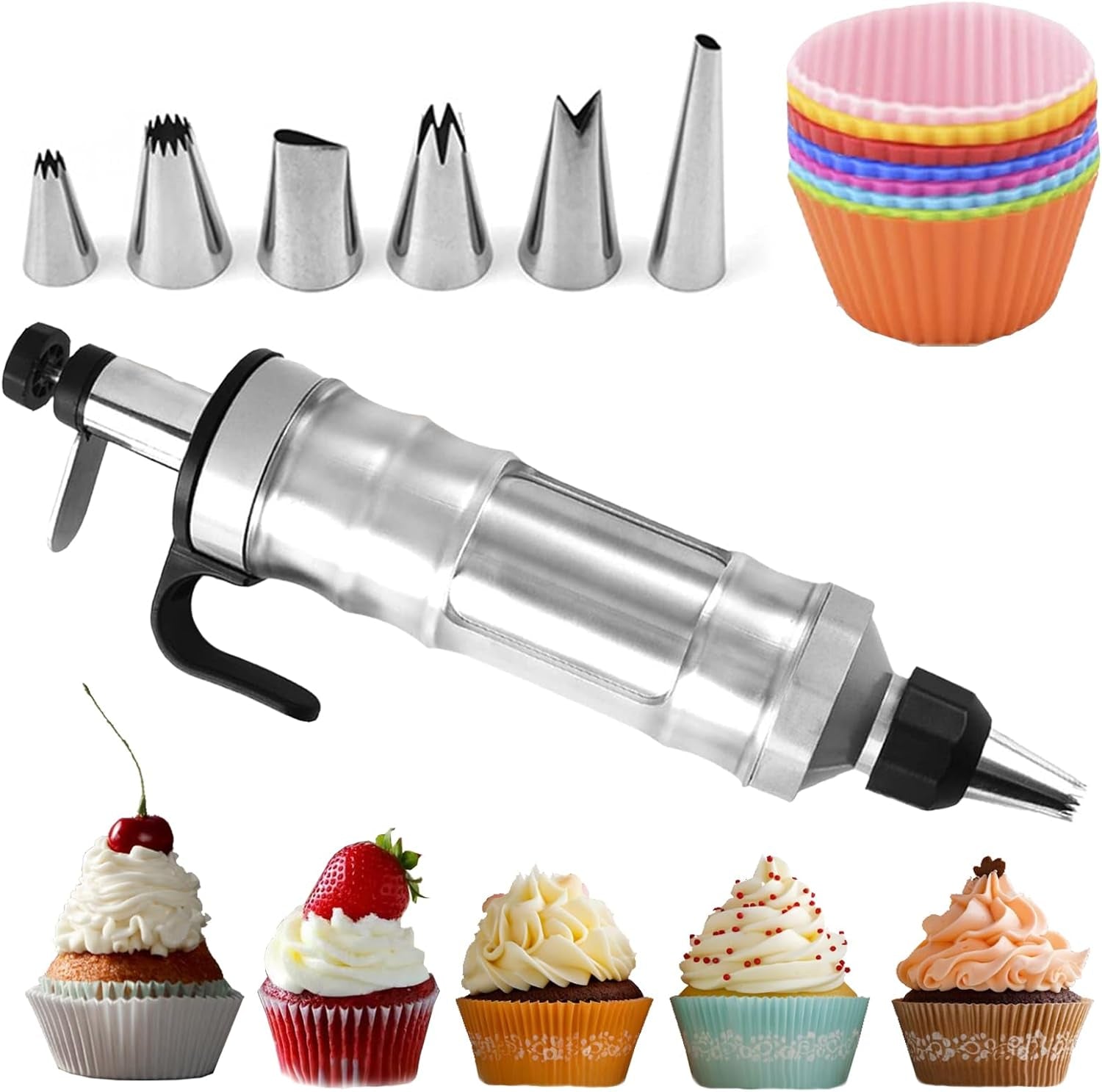 Dessert Decorating Syringe Set, Icing Piping Kit Stainless Steels Cake Decorating Tools 6 Piping Icing Nozzles Cupcake Decorating Kit