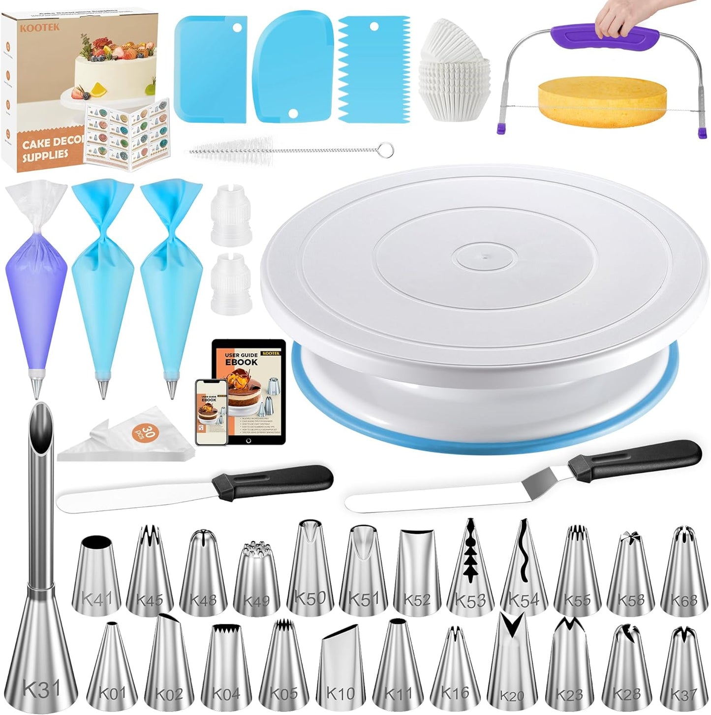 96Pcs Cake Decorating Supplies Kits with Ebook, Cake Turntable, 30+2 Piping Bags, 30 Disposable Cupcake Liners, 24 Icing Piping Tips, 3 Icing Scrapers, 2 Spatulas, Cake Leveler for Baking