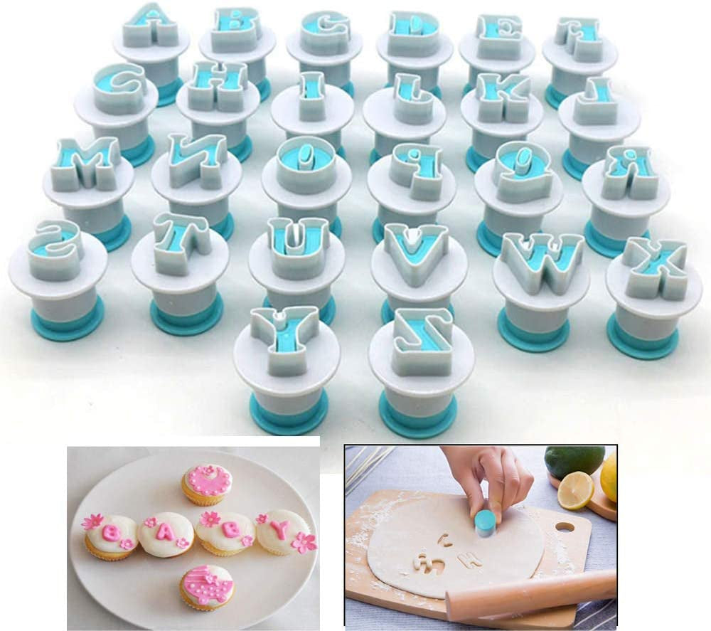 26Pcs/Set Cookie Stamp Impress Cookie Cutters Alphabet Letter and Number Fondant Cake Biscuit Mold Letter Shape DIY Cookie Biscuit Alphabet Letters Cake Tool Embosser Cutter (Upper Case Letter Shape)