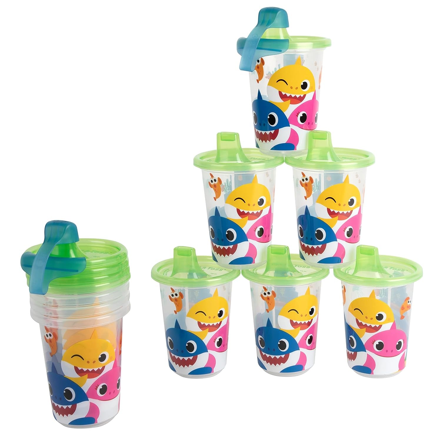 Take & Toss Pinkfong Baby Shark Sippy Cups - Reusable Toddlers Cups with Lids - Kids Party Pack with 2 Travel Caps - 10 Oz - 10 Count