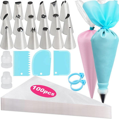 Piping Bags and Tips Set, 100 X 12 Inch Disposable Pastry Bags, 1 Reusable Piping Bags, 2 Couplers, 18 Frosting Tips, 2 Bag Ties & 3 Cake Scrapers - Complete Cake Icing Kit