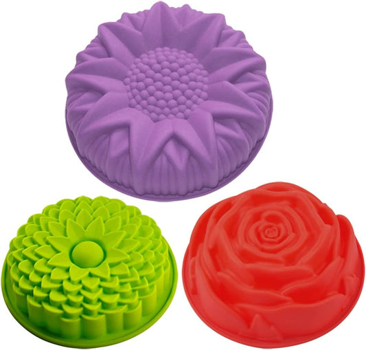 3 Pack Flower Shape Silicone Cake Bread Pie Flan Tart Molds, Large round Sunflower Chrysanthemum Rose Shape Non-Stick Baking Trays for Birthday Party DIY - Yellow,Red,Purple