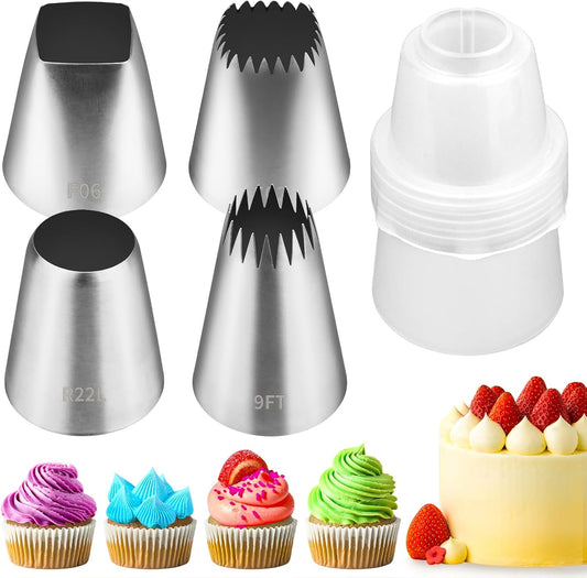 Extra Large Piping Tips, 4 Pcs Stainless Steel Frosting Tips Set with Adapter, Square round X-Large Icing Decorating Tips for Pastry Cake and Cupcake