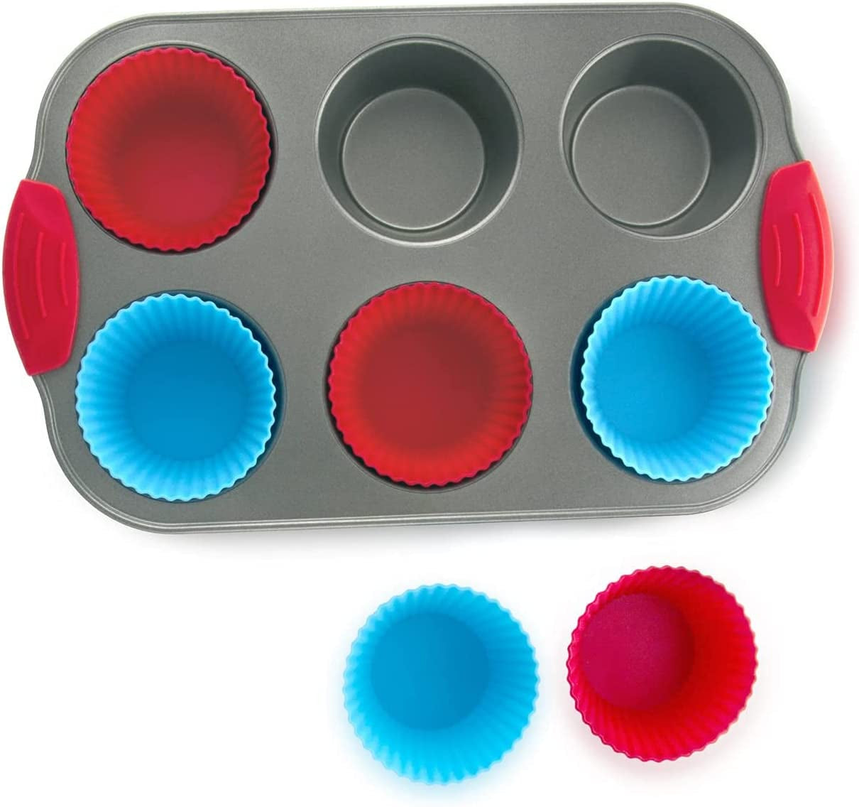 Non-Stick Steel 6 Cup Muffin Pan with Silicone Handles and Reusable Liners - Perfect for Baking Large Muffins and Cupcakes