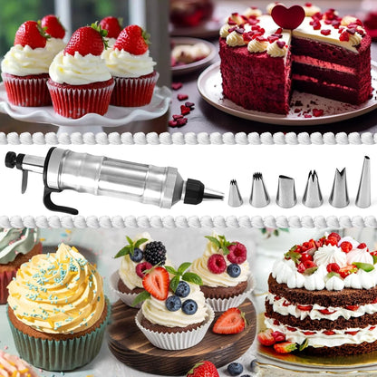 Dessert Decorating Syringe Set, Icing Piping Kit Stainless Steels Cake Decorating Tools 6 Piping Icing Nozzles Cupcake Decorating Kit