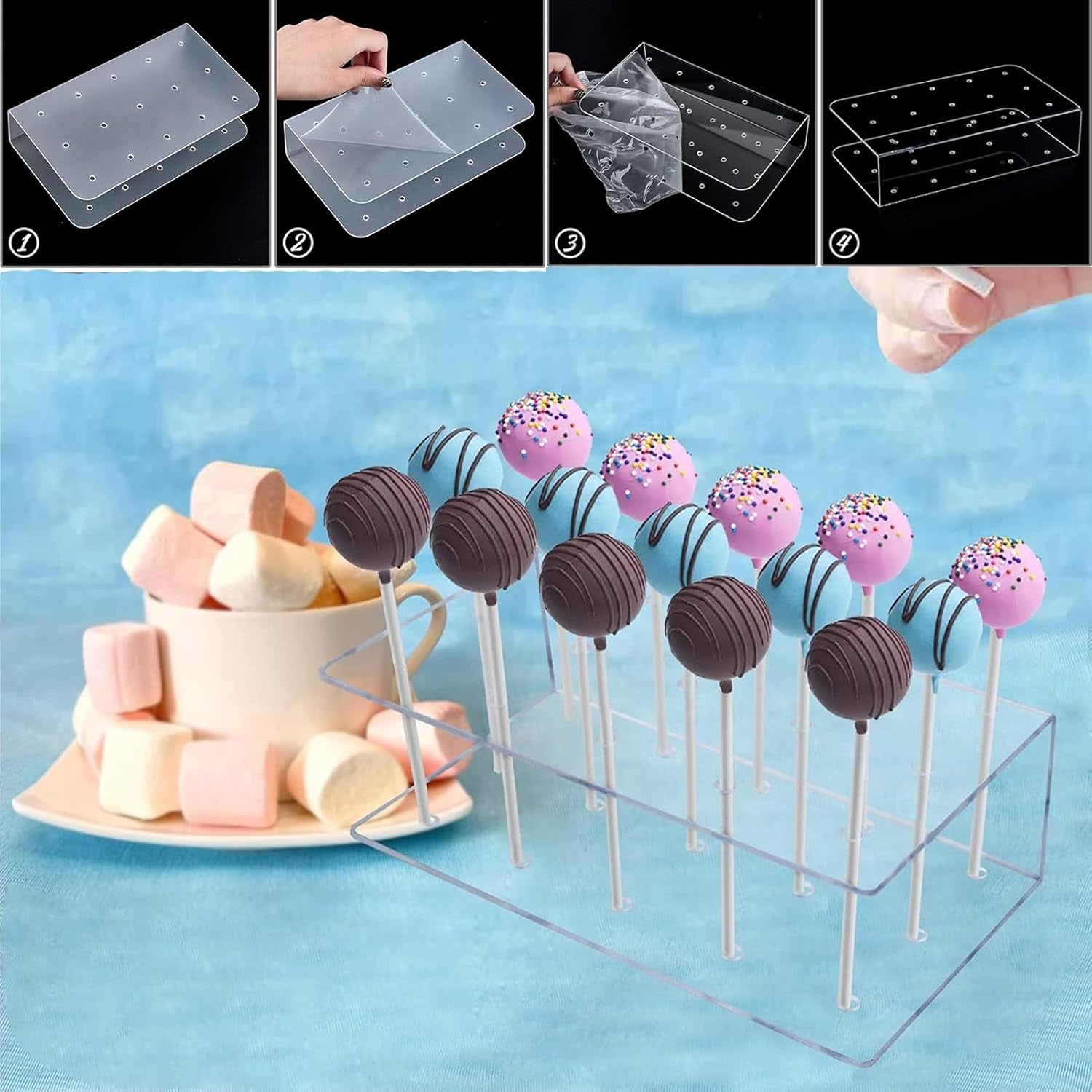 606Pcs Cake Pop Kit,Silicone Lollipop Molds Including Lollipop Sticks,Measuring Cup,Treat Bags,Twist Ties,Decorating Pen,Meat Baller with Handles,Round Mold,Lollipop, Candy,Display Stand Holder(Pink)