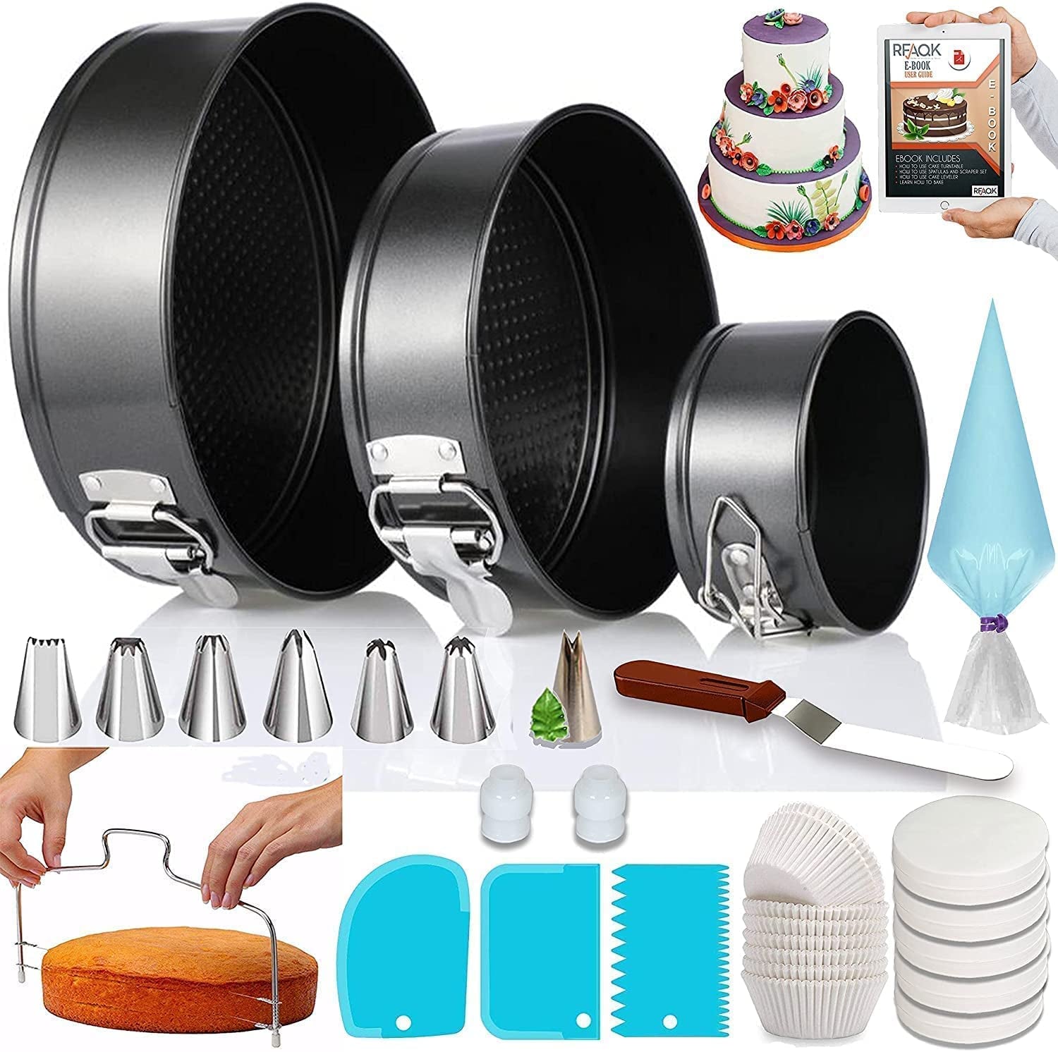 100Pcs Cake Pan Sets for Baking + Cake Decorating Kit: 3 Non-Stick Springform Pans Set (4, 7, 9 Inches), Piping Tips, Cake Leveler – Multi-Functional Leak-Proof Cheesecake Pan & Ebook