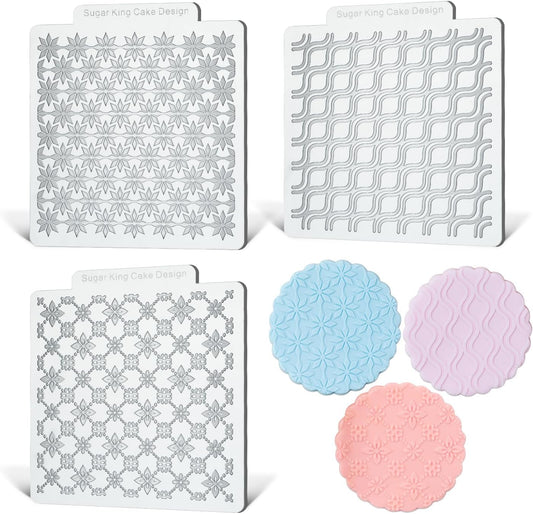 3 Pack Cookie Embosser Set, Fondant Impression Mats Acrylic Embosser for Fondant Stamps, Texture Sheets for Polymer Clay, Chocolate, Cupcake Topper, Fondant Molds-Style 3