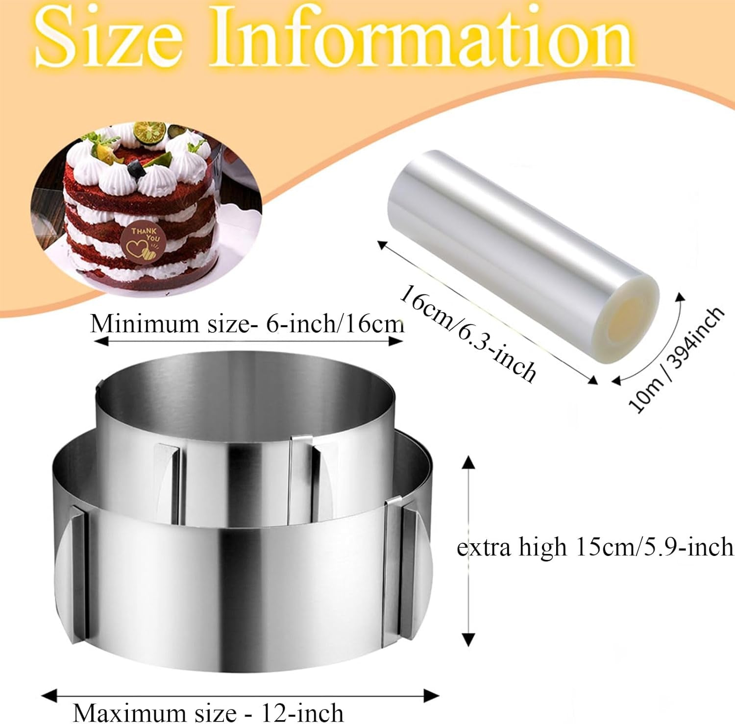 Cake Ring Extra High 15Cm Acetate Cake Collar Set - Adjustable 6 To12Inch Stainless Steel round Cake Mousse Molds Baking Ring with 6.3Inchx394Inch Clear Acetate Sheets Cake Roll for Pastry, Cake Decor