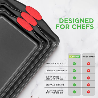 3-Piece Nonstick Kitchen Oven Baking Pans - Premium & Stylish Non-Stick Steel, Commercial Grade Restaurant Quality Metal Bakeware with Red Silicone Handles - Easy to Clean, NCSBS3S