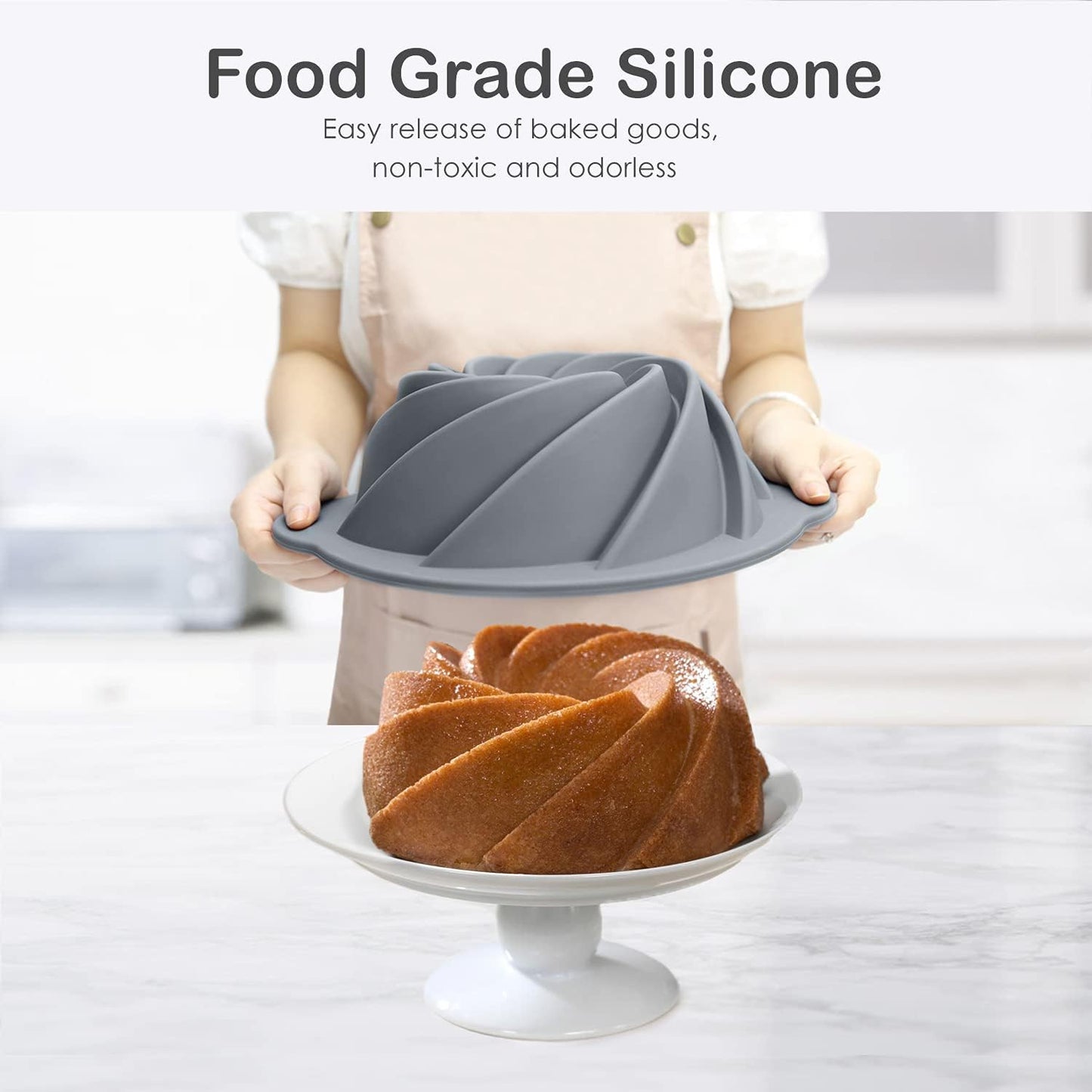 Silicone Bunte Cake Pan, Non-Stick 10-Inch Food Grade Silicone Cake Mold, Silicone Baking Pan with Metal Reinforced Frame More Strength