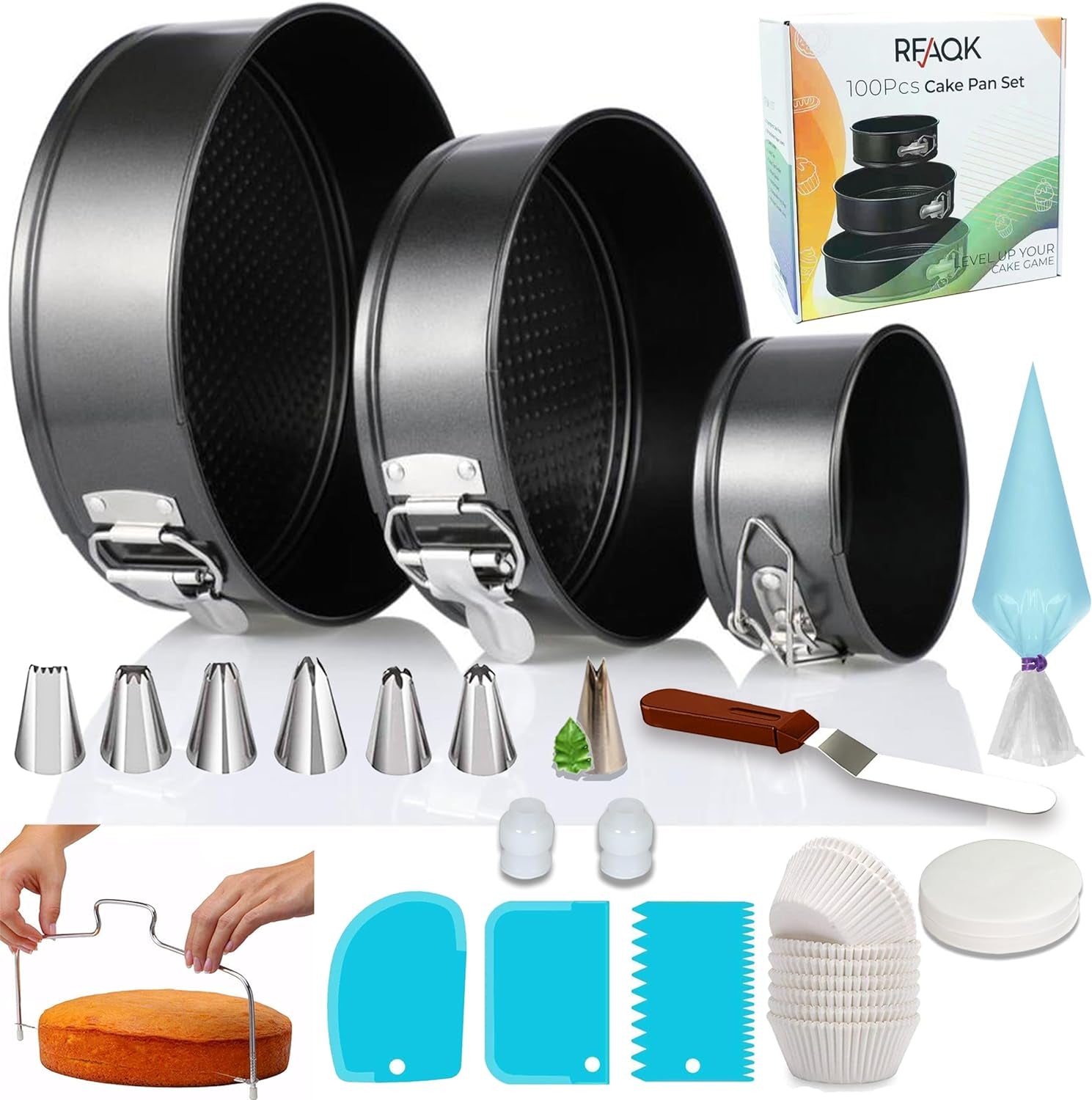 100Pcs Cake Pan Sets for Baking + Cake Decorating Kit: 3 Non-Stick Springform Pans Set (4, 7, 9 Inches), Piping Tips, Cake Leveler – Multi-Functional Leak-Proof Cheesecake Pan & Ebook