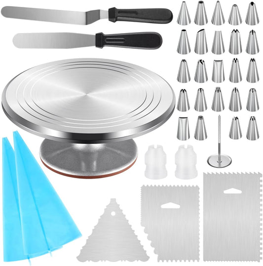 Aluminium Cake Turntable, 12 Inch Rotating Cake Stand, 35 Pcs Cake Decorating Kit Supplies with 24 Numbered Icing Piping Tips, 2 Frosting Spatula, Pastry Bags and Other Baking Tools