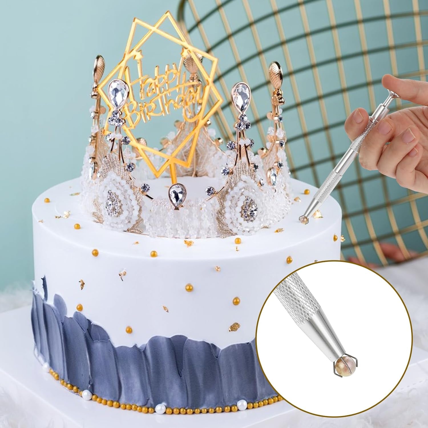 Cake Decorating Tools Set, 4 PCS Aluminum Alloy Pearl Sprinkles Pen Pearl Grabber with 4 Claws and Stainless Steel Cake Tweezers Pearl Sprinkle Spoon with Shovel Head Cake Cookie Decorating Supplies