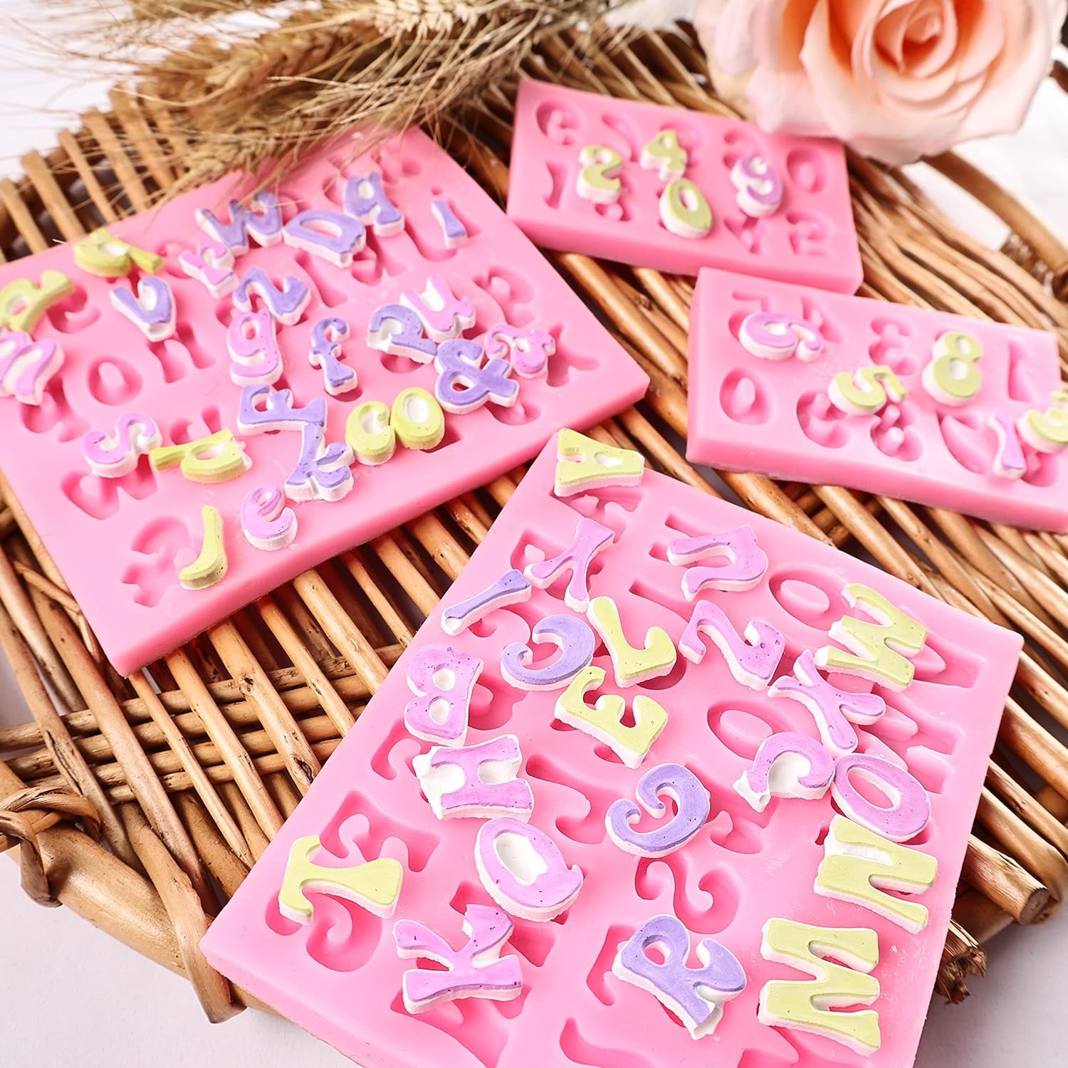 Letters Molds and Numbers Molds, Silicone Fondant Mold Chocolate Molds, 0-9 Number and 26 Letters Silicone Molds for Baking Desserts and Cake Decoration (4 Pack)