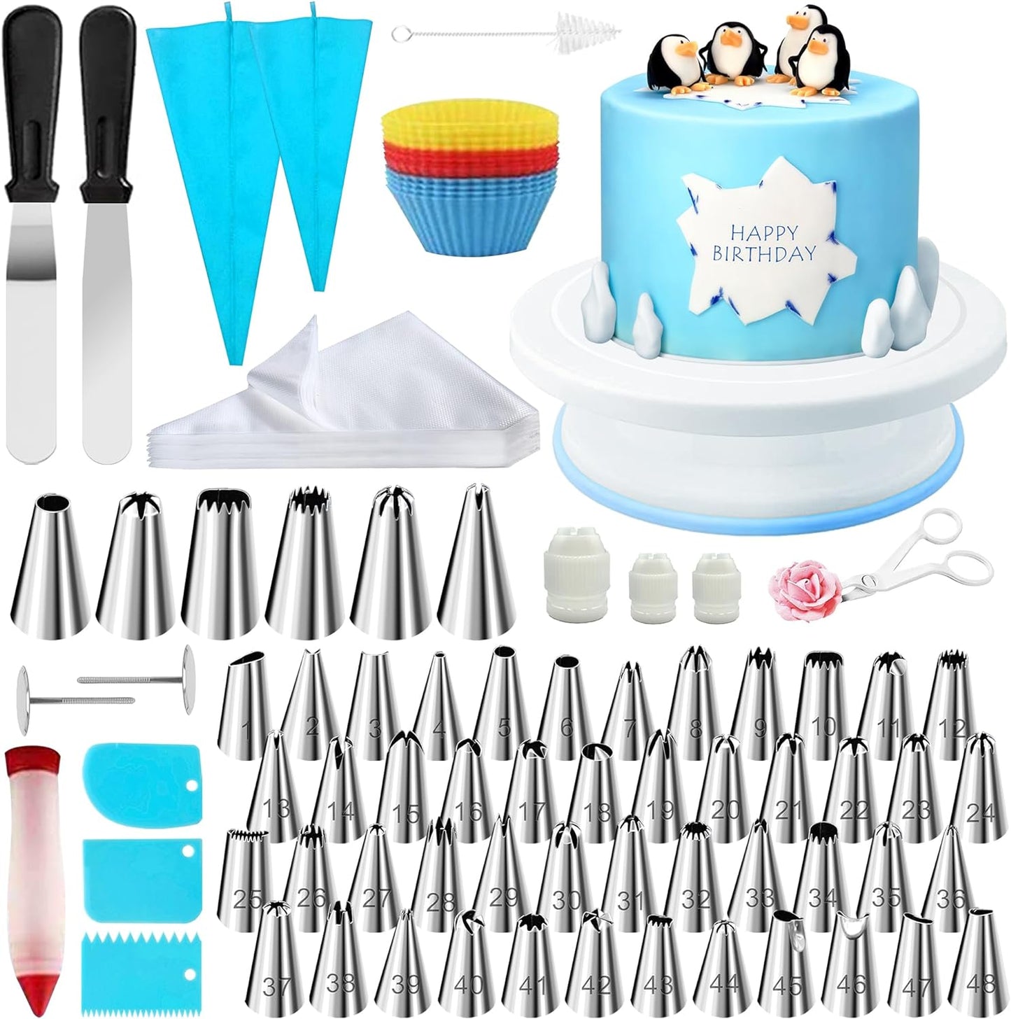 Cake Decorating Supplies180 Set,Steel Piping Frosting Tips for Beginners with Cake Turntable Icing Spatulacake Spatula,Baking Tools and Accessories for Cakes Cake Spinner for Decorating