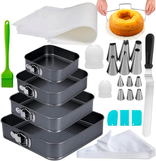 Cake Square Pan Sets for Baking + Cake Decorating Supplies: 4 Non-Stick Springform Pans Set (8.5,9.5, 10, 11 Inches), Icing Tips, Cake Leveler – Multi-Functional Leak-Proof Cheesecake Pan & Ebook