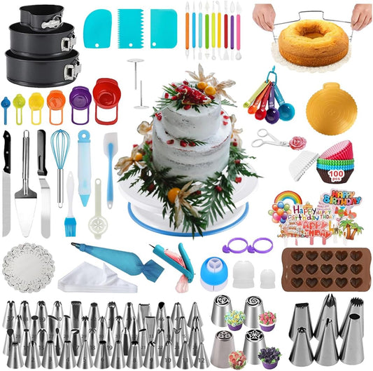 390PCS Cake Decorating Supplies Kit, Baking Tools Set for Cakes – 3 Packs Springform Cake Pans Cake Rotating Turntable 48 Numbered Piping Icing Tips 4 Russian Nozzles 9 Fondant Tools for Beginners