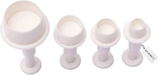 4 Pcs Set Plastic round Cookie Plunger Cutters Set Fondant Cutters and Molds for Cupcake Cake Topper Decorating Holiday Baking Color White Embossing Tools DIY Biscuit Icing Plunger